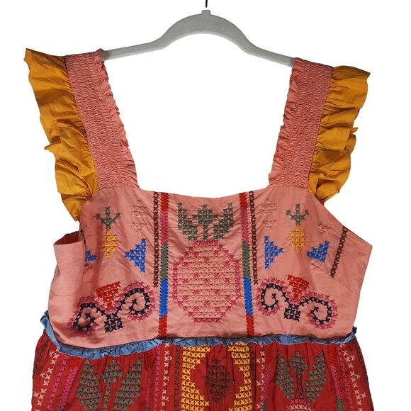 Farm Rio colorblock embroidered tropical tiered ruffle mini dress - Picture 6 of 13